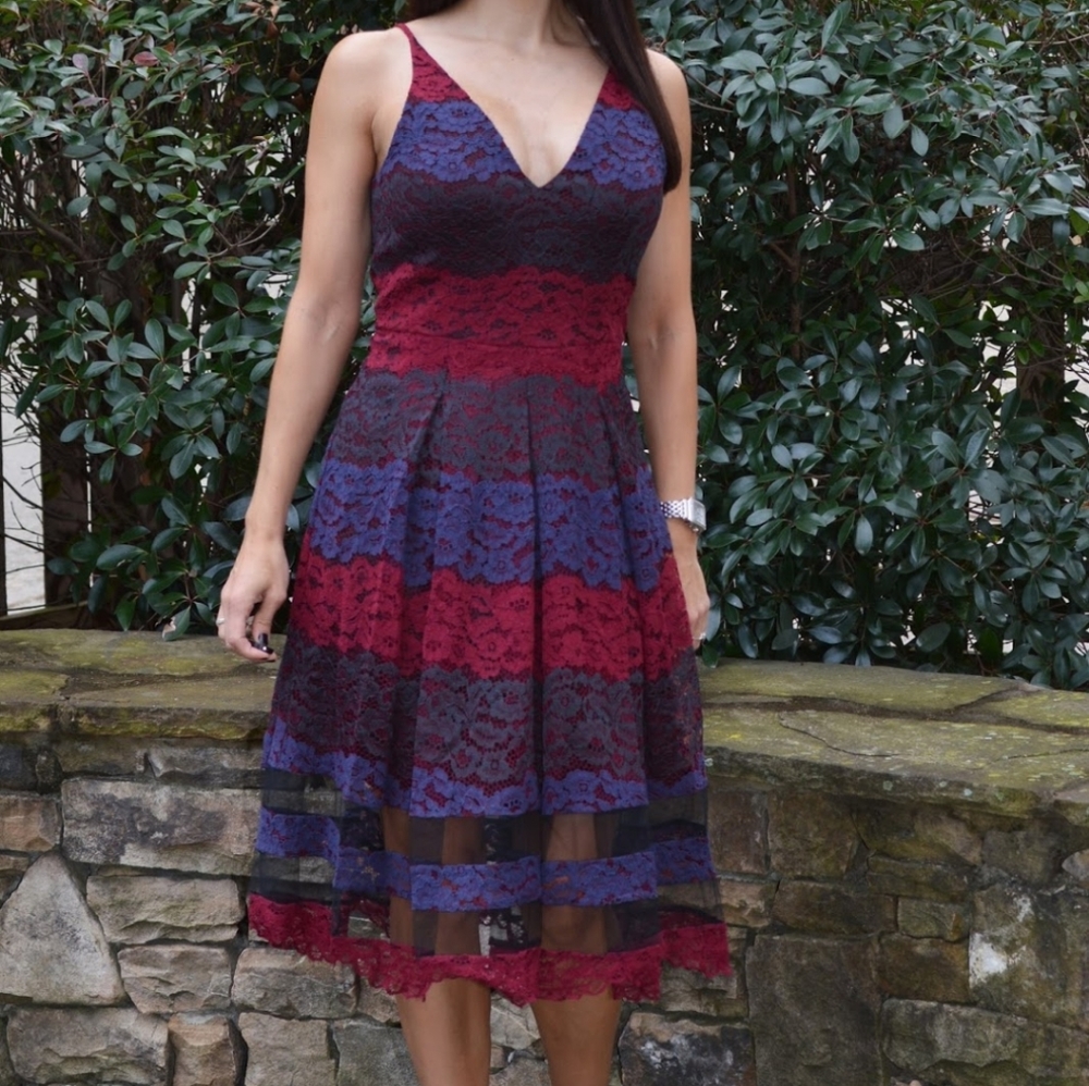 NWT Belle Badgley Mischka striped lace dress